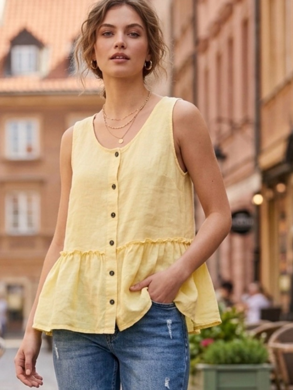 Isaac Mizrahi Sleeveless Linen Peplum Blouse Lemon Yellow